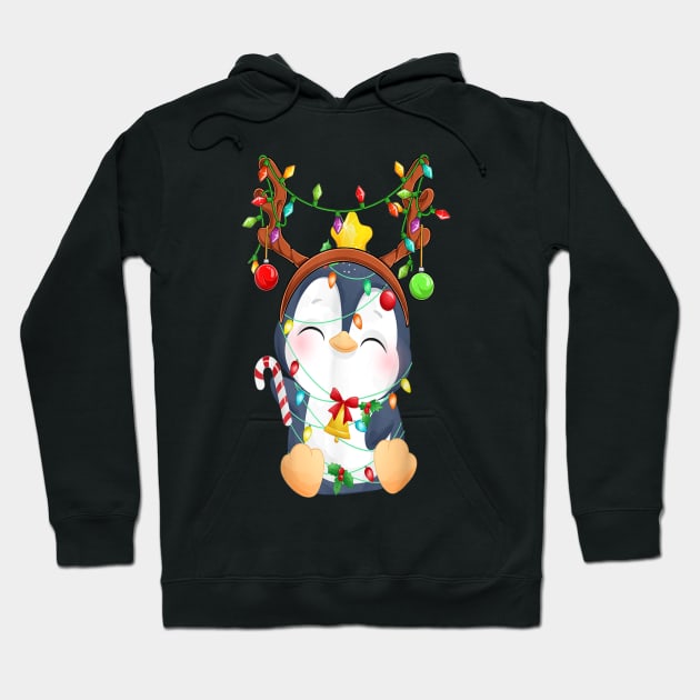 Cute Penguin Christmas Reindeer Color Lights Happy Holiday Hoodie by Brodrick Arlette Store